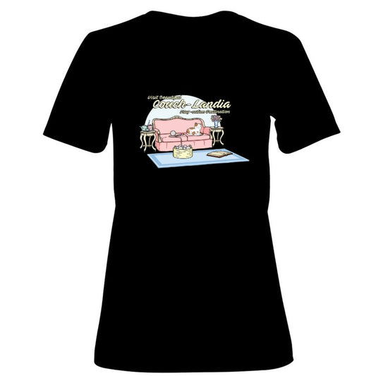 Women's T-Shirt "Visit Couchlandia Staycation Destination"(Black/Tea Time Version)