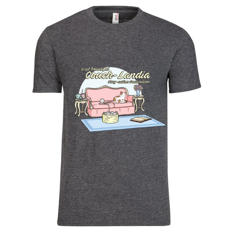 Women's T-Shirt "Visit Couchlandia Staycation Destination"(Dark Heather/Tea Time Version)