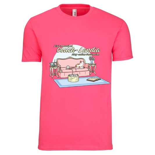 Women's T-Shirt "Visit Couchlandia Staycation Destination"(Hot Pink/Tea Time Version)