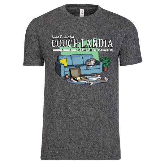 Men's T-Shirt "Visit Couchlandia Staycation Destination"(Dark Heather/Gamer Cat Version)