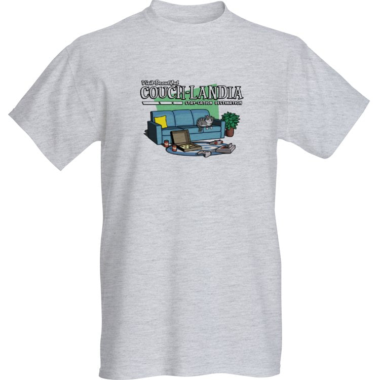 Men's T-Shirt "Visit Couchlandia Staycation Destination"(Light Heather/Gamer Cat Version)