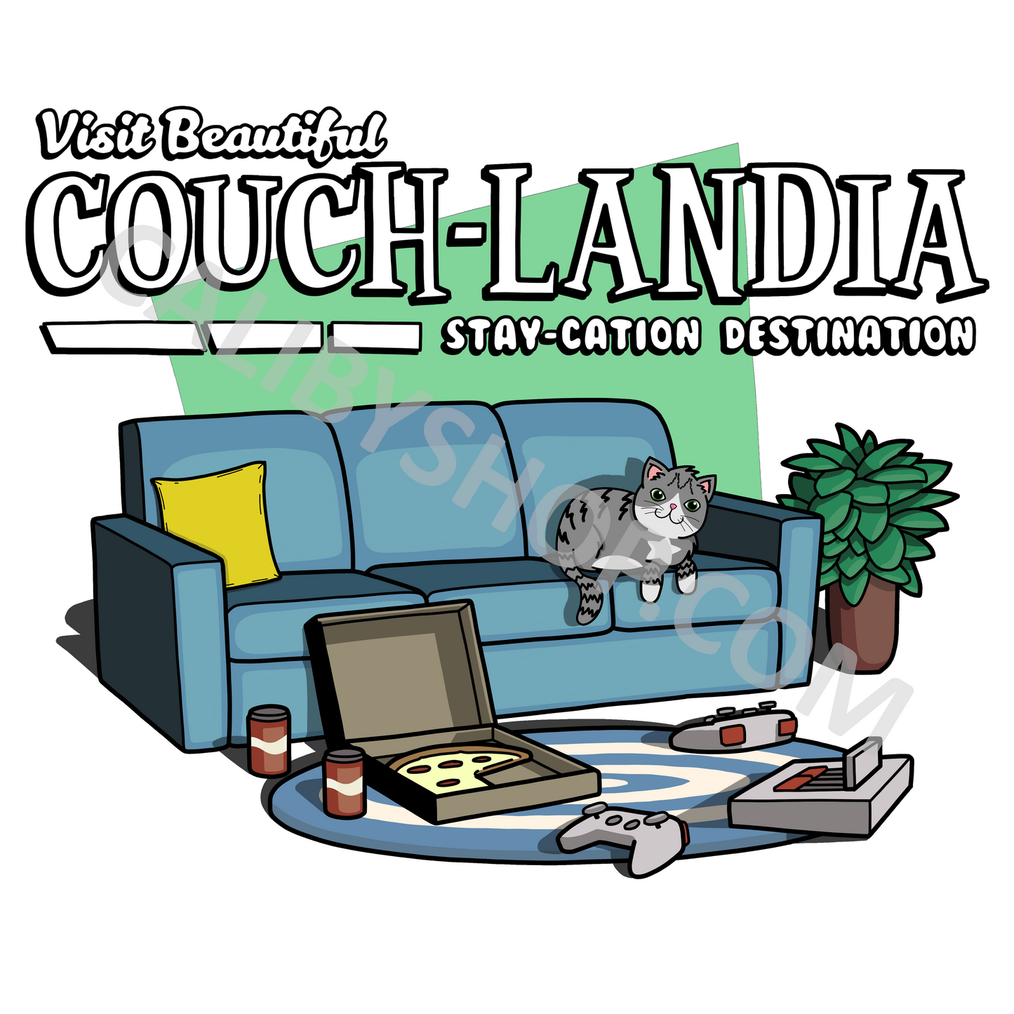 Men's T-Shirt "Visit Couchlandia Staycation Destination"(Light Heather/Gamer Cat Version)